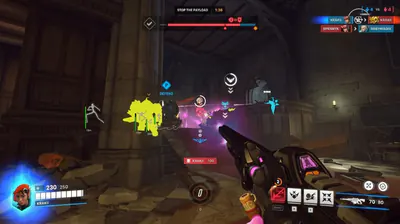 Overwatch 2 yellow ESP blob and skeleton overlays in a gothic interior