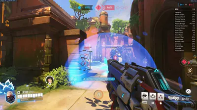 Overwatch 2 ESP menu with skeleton and box overlays in an outdoor fight